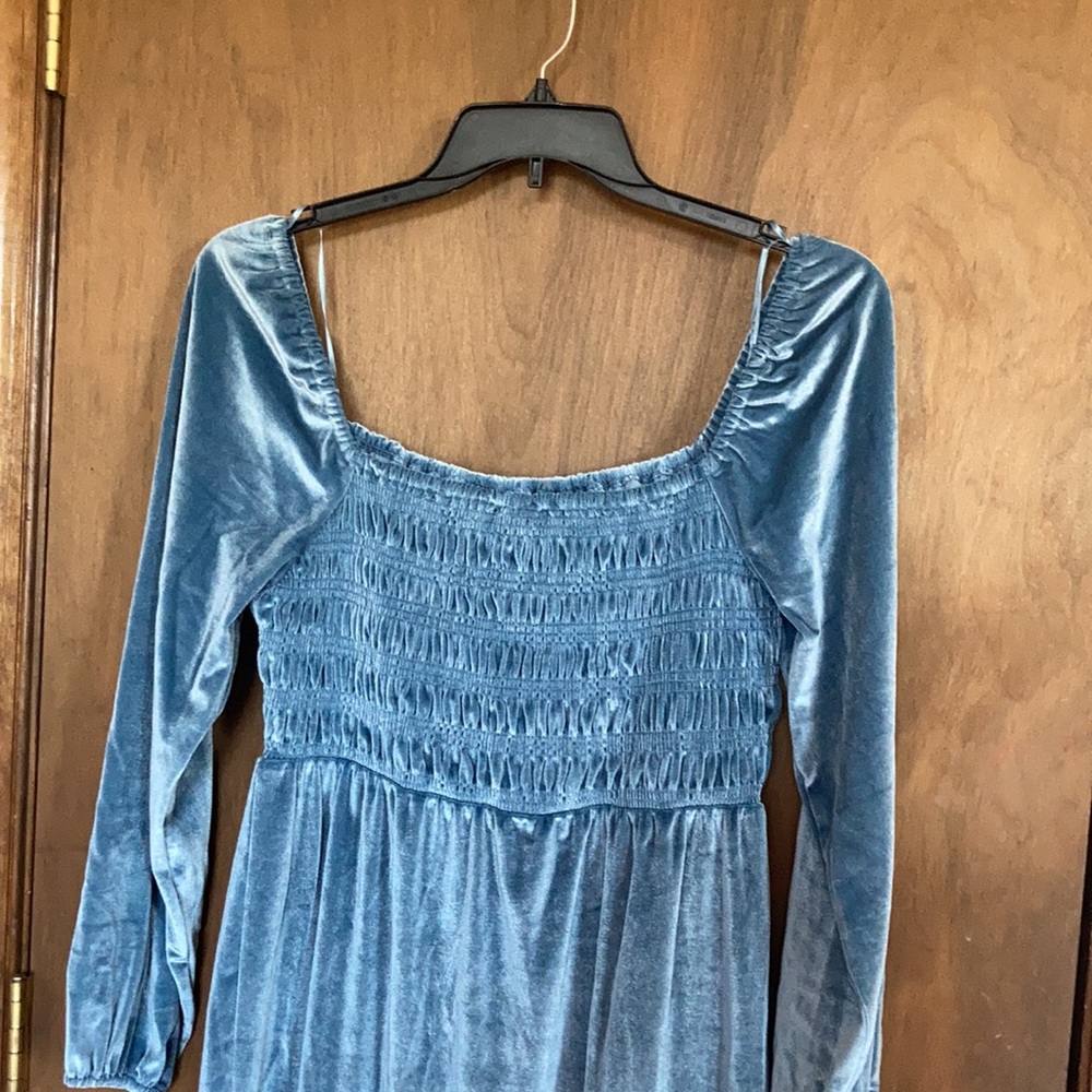 LC Lauren Conrad smocked flounce hem velvet dress duller blue size M - Picture 8 of 17